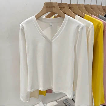 AOSSVIAO 2025 الخريف مكتب سيدة الأساسية الخامس الرقبة سليم صالح تي شيرت المرأة بلون تنوعا الاتجاه قميص طويل الأكمام قاعدة 4