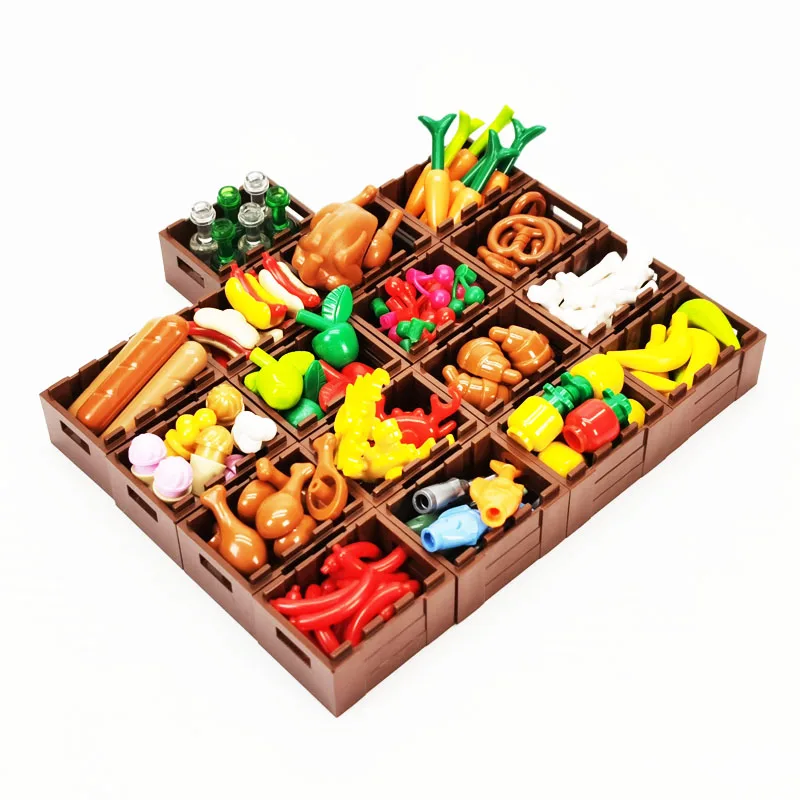 Culinary-Themed Building Block Set: Bread, Chips, Roast Chicken, Pizza, Hot Dog, Fish, Fruit, Carrot, and Basket