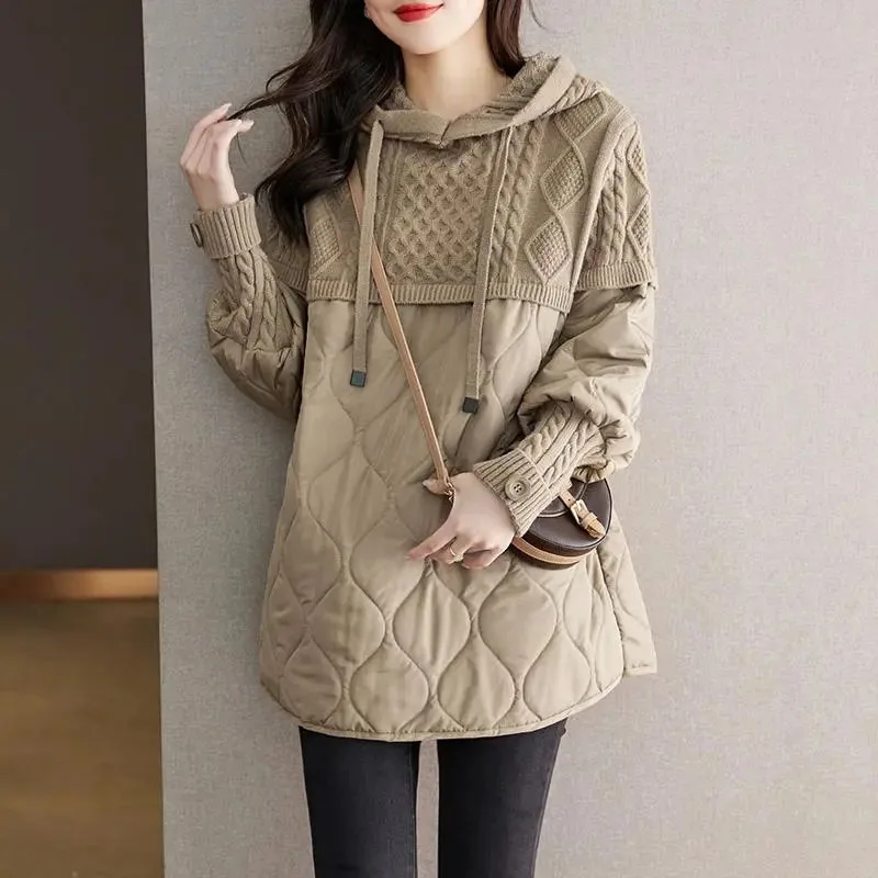 

Pullover Down Cotton Jacket Women Knitting Coat Thin Hooded Female Parker Outerwear Knitted Cotton Fake Two Pieces Padded Jacket
