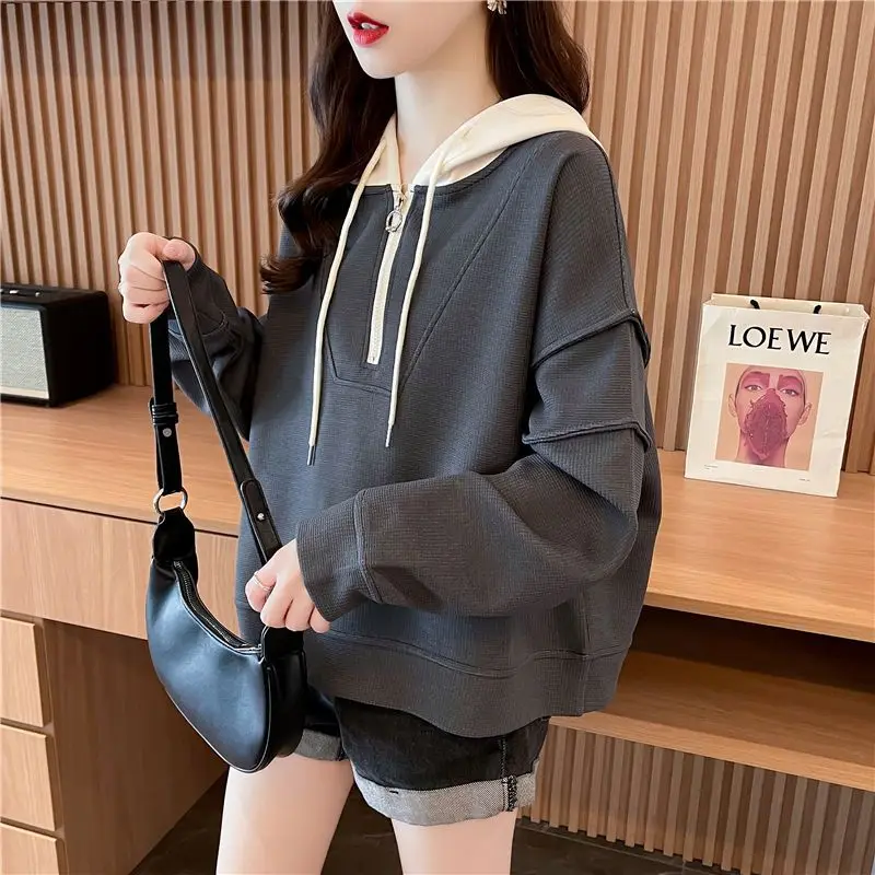 Design Sense Half Zip Contrast Long Sleeve Bottom Shirt Casual Loose Oversized Versatile Women's Sweater