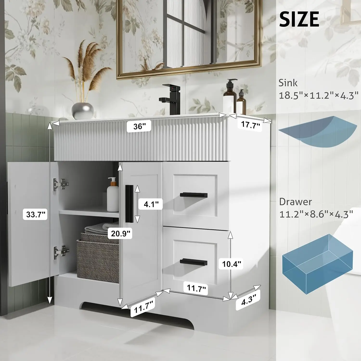 36" Bathroom Vanities Sink Combo with Painted Surface, Modern Drawered Cabinet W/Decorative Wave Lines, Undermount Single Sink 3