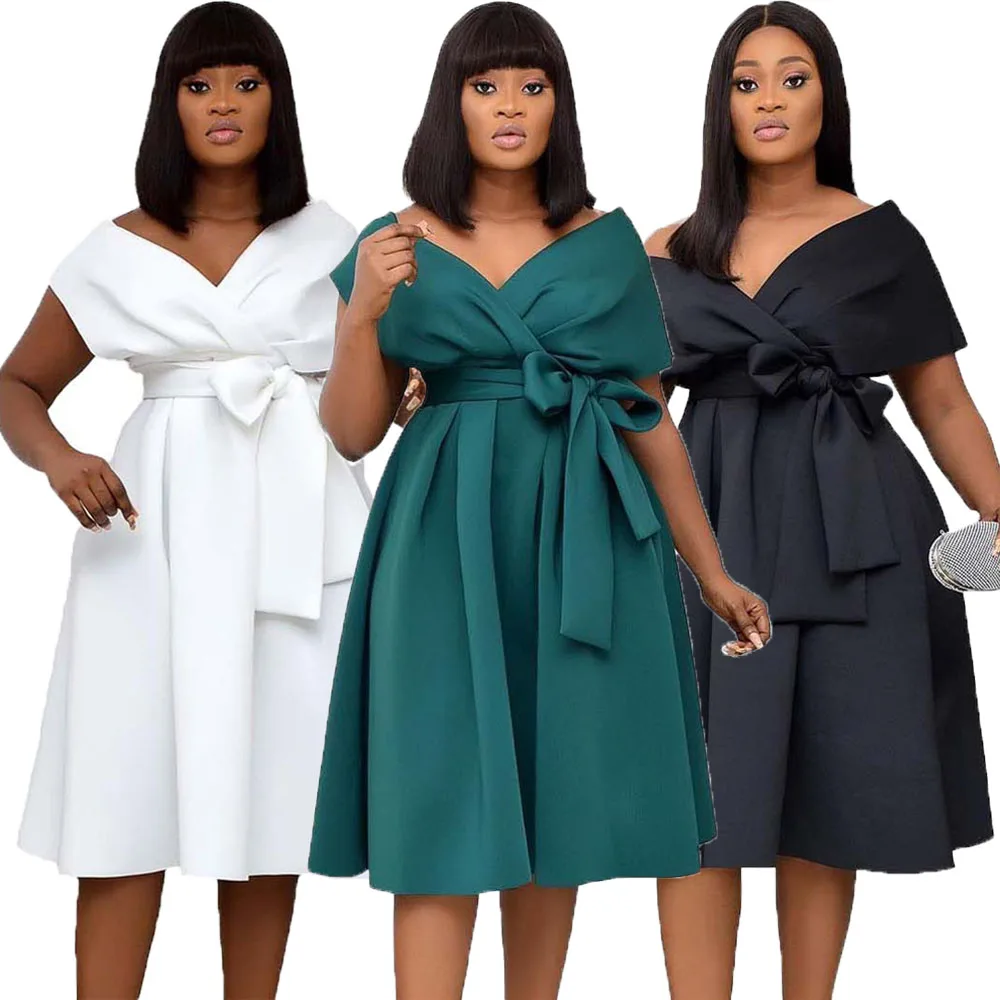 

Plus Size Solid Color Fashion Women African Dashiki Ankara V-Neck Short Sleeve Knee-Length Dress Evening Prom Femme Africa Gown