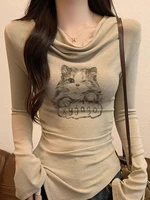 Y2k Cat Long sleeve T-shirt Women Luxury Korean Graphic Off shoulder Top Casual Lady Basic Tees Slim Sexy - Image 2