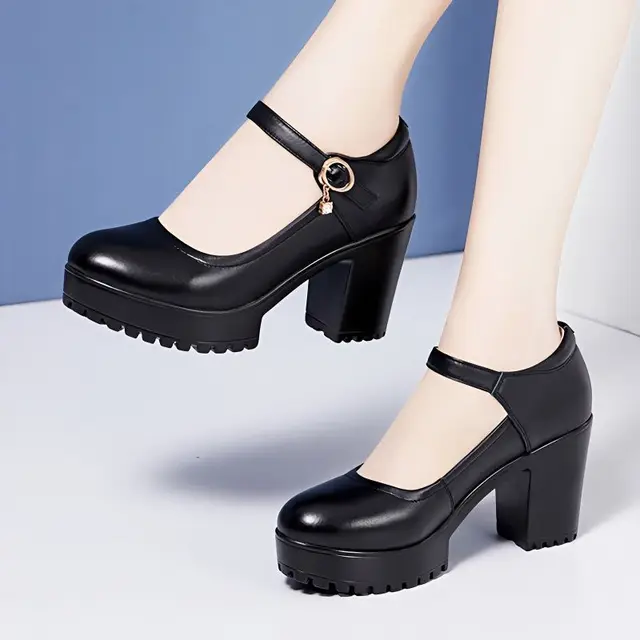 Women Casual Soft Leather High Quality Square Heel Pumps Fashion Spring Summer Black Shoes For Office Model Elegant 1