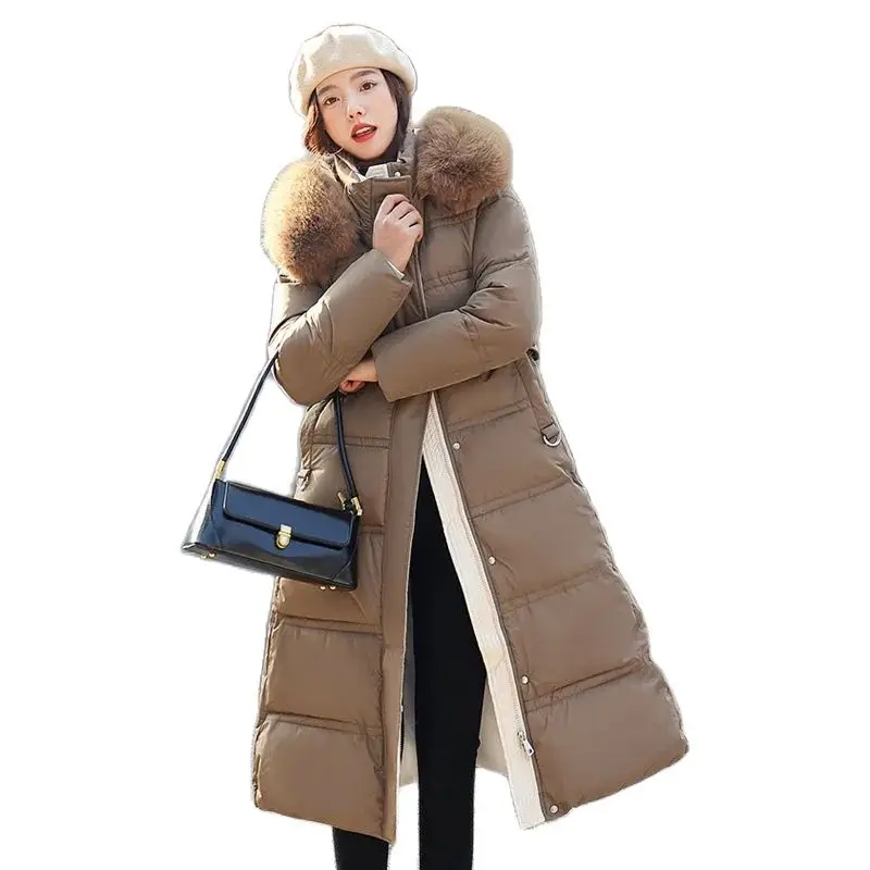 2023 New Fashion Delt Down Cotton-padded Jacket Female Loose Temperament Long Slim Over-the-knee Hooded Fur Collar Coat Tide
