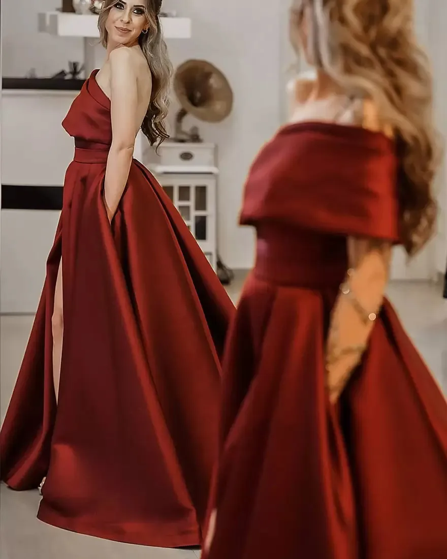 

2023 Burgundy Evening Dresses For Women One Shoulder Long Sleeves Beaded Sexy Side Split Satin Prom Formal Gowns With Pockets