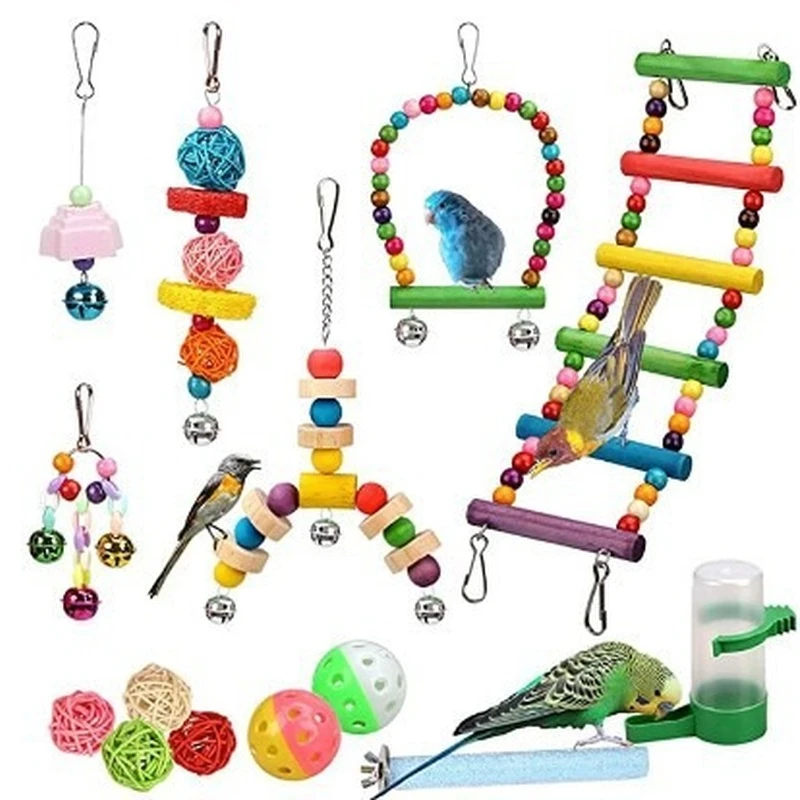 14pcs Parrot Nibbling Toys Bird Drinking Fountains Bell Soft Bridges Swings Sets for Parrots Birds Accessories |