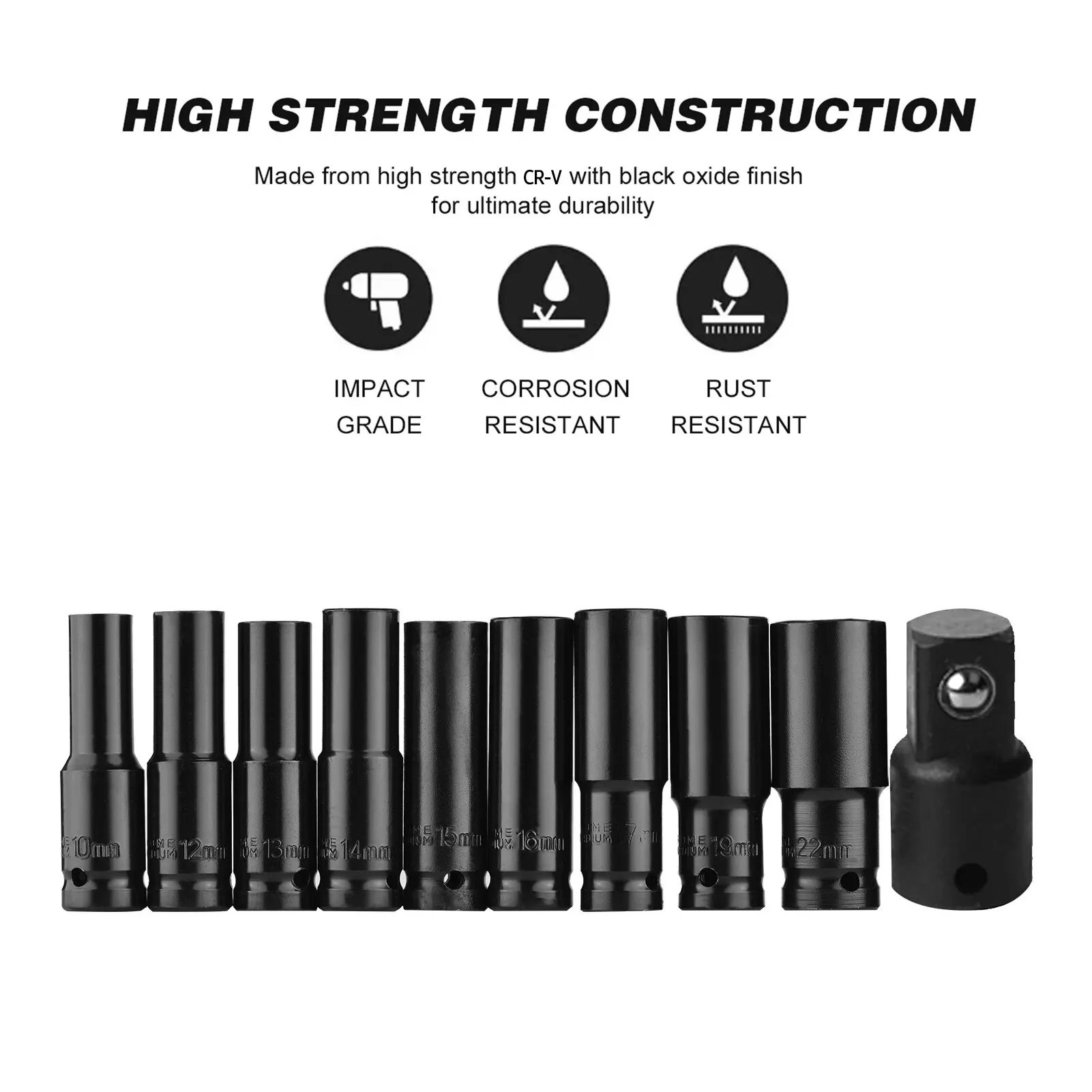 Socket Wrench Set 10pcs 1/2" Drive Metric Impact Universal Deep Set for Air Pneumatic Repair Tools