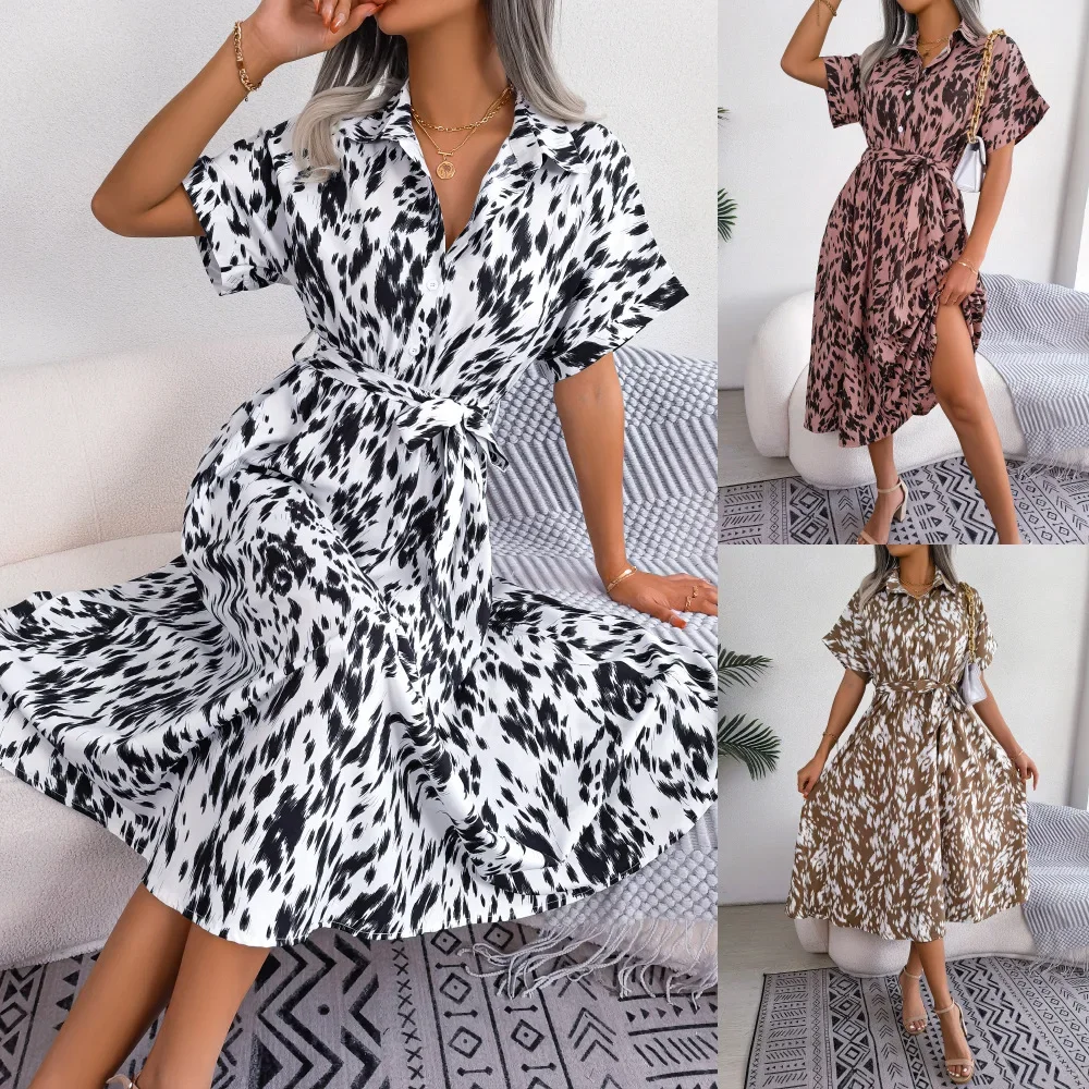 

Real shot 2024 spring summer Europe and the United States casual loose leopard print lace-up shirt dress women