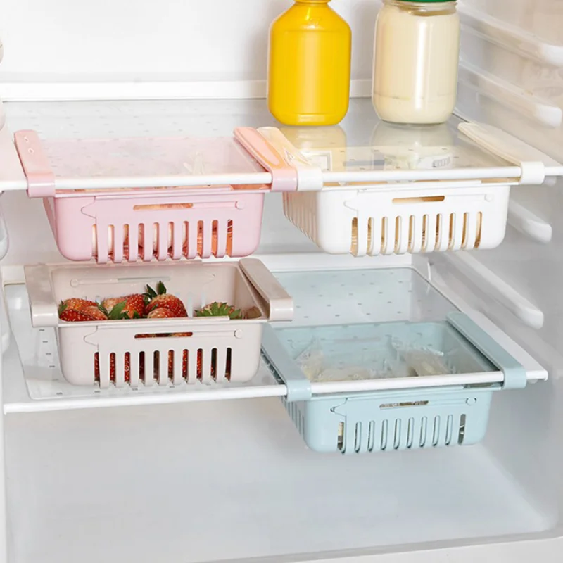 

Kitchen Adjustable Stretchable Refrigerator Organizer Storage Rack Freezer Shelf Holder Pull-Out Drawer Organiser Space Saver