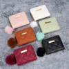 ISKYBOB Women Short Wallets Fashion Diamond Grid Fur Ball PU Leather Card Holder Female Small Coin Purses Zipper Money Bag 5