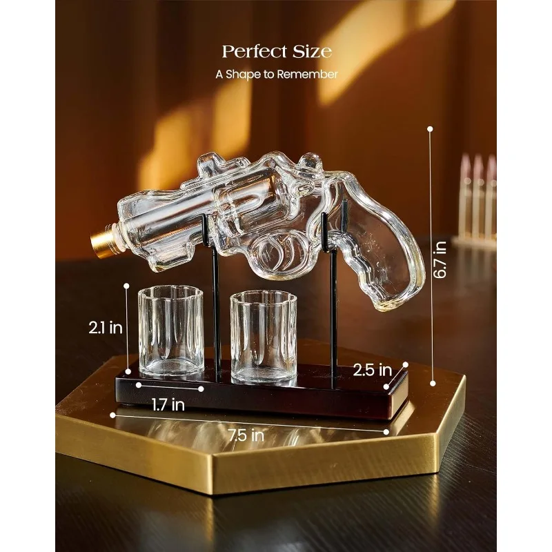 Whiskey Gun Decanter Set - 9 Oz Glass Liquor Dispenser With 2 Large Glasses | Unique Gift For Men, Dad, Husband, Brother (Retirement, Birthday)