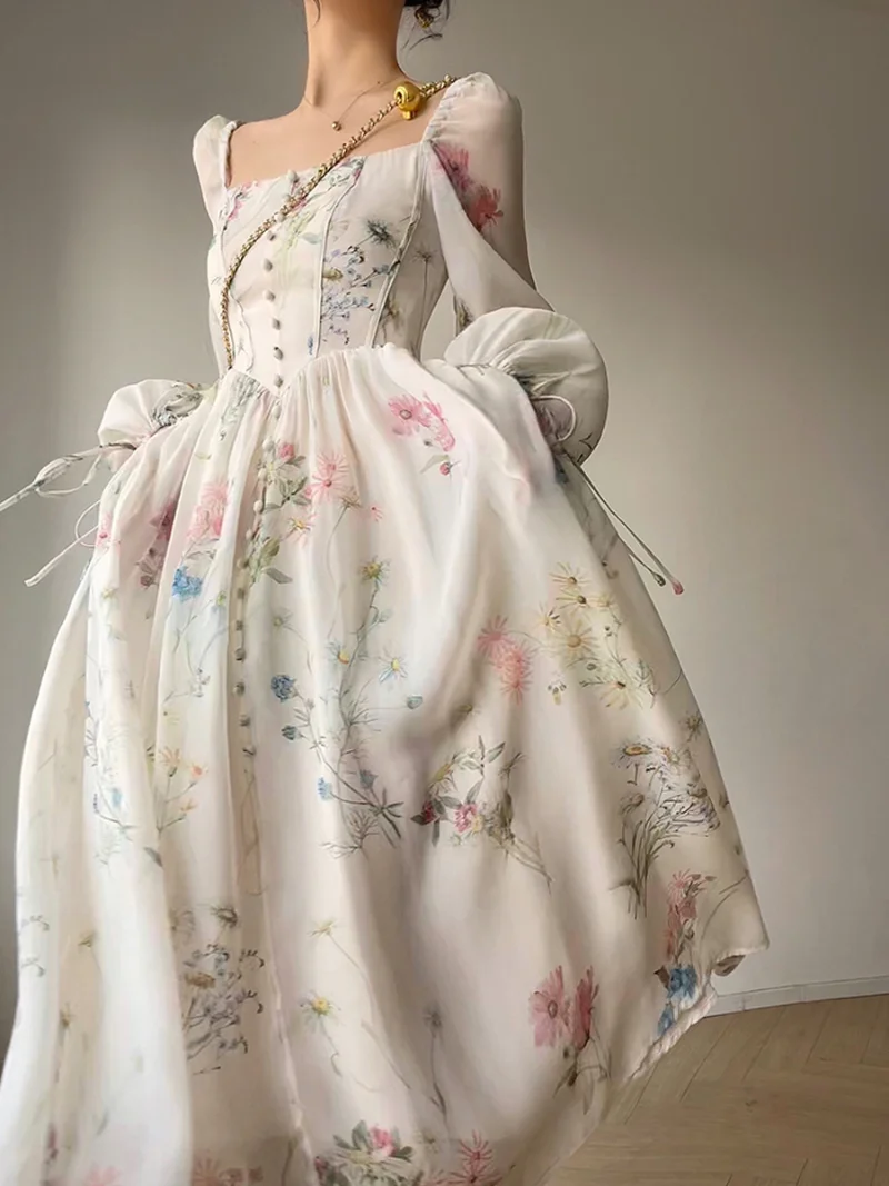 

French Elegant Floral Midi Dress Chiffon Long Sleeve Evening Party Dress Woman Beach Fairy One Piece Dress Korean 2024 فساتين