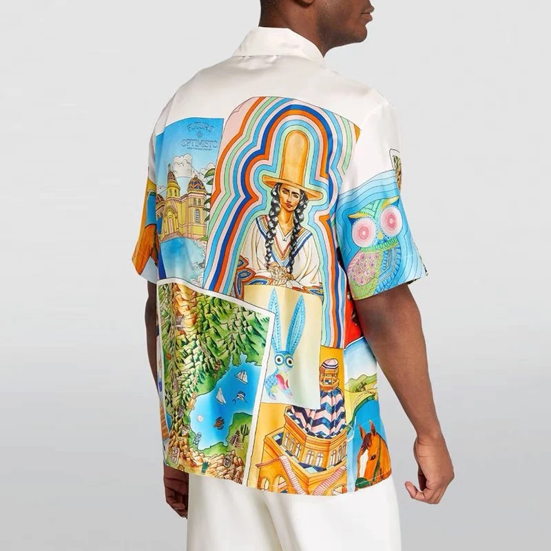 

23SS Top Quality Orange Silk Casablanca Shirts Men Women 1:1 Best Quality Portrait Printing Hawaii Beach Shirt
