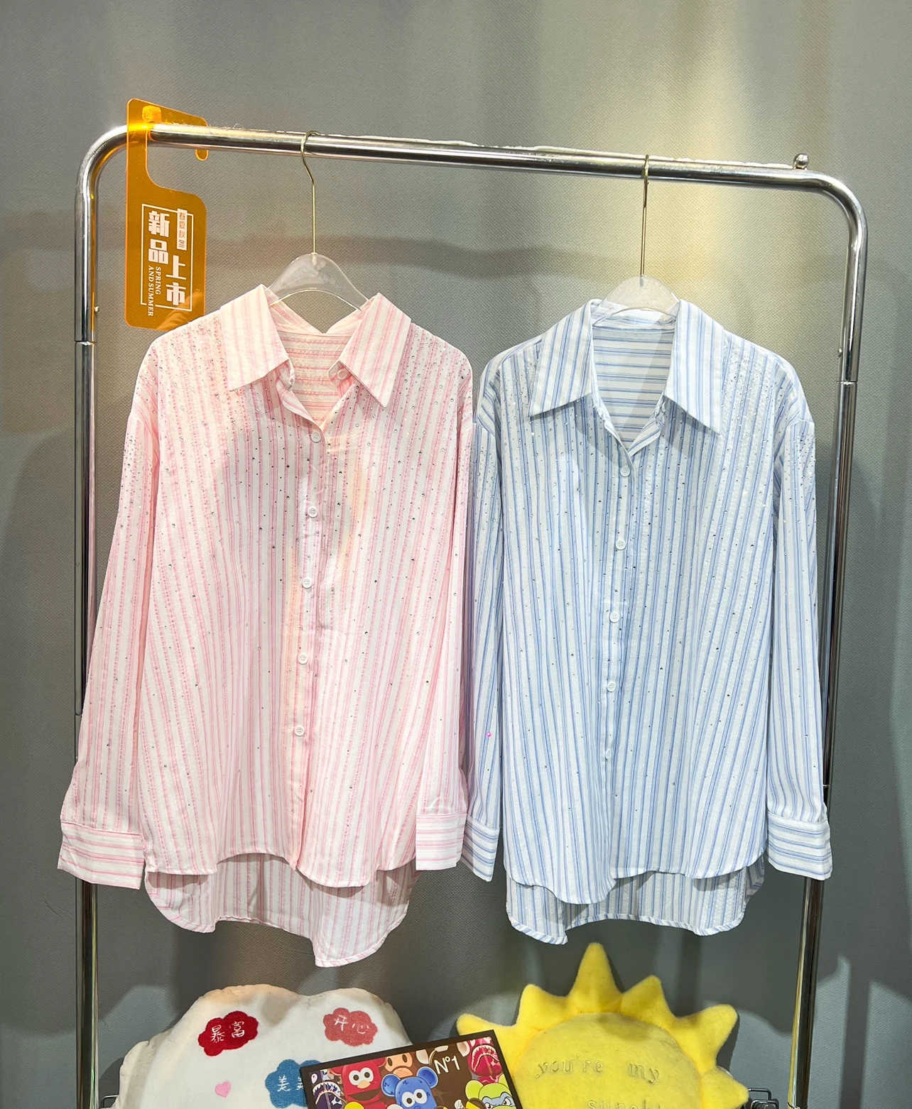 

Blingbling Hot Drilling Cotton-linen Stripes Female Blouses 2024 Spring Summer Sunscreen Cardigan Top Mid-long Loose Women Shirt