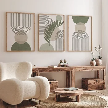 Nordic Sage Green Botanical Wall Art – Abstract Boho Geometric Canvas Prints for Home Decor 1