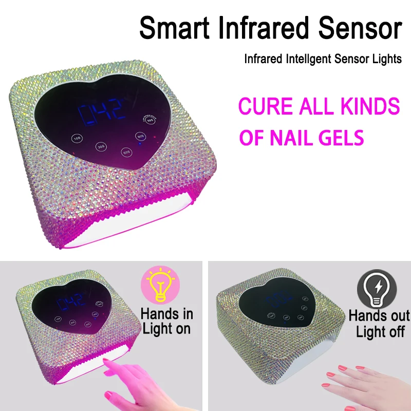 Cute Heart Design Manicure Pedicure Machine LCD Touch Screen Cordless Power Storage Cure UV LED Nail Lamp with Rhinestones 6