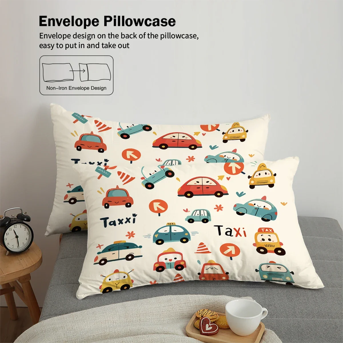 3-piece cartoon cute car pattern print (1 duvet cover+2 pillowcases, no core) soft and comfortable bedding set