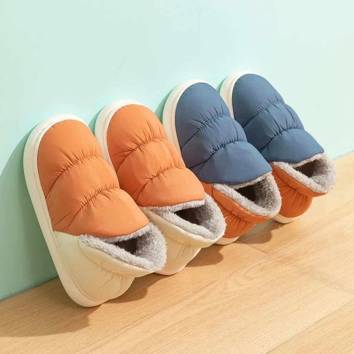 Women Men Slippers Winter Down Cloth Waterproof Indoor Outdoor Warm Plush Shoes Non-slip Thick Sole Soft Comfort Couples Flats 4