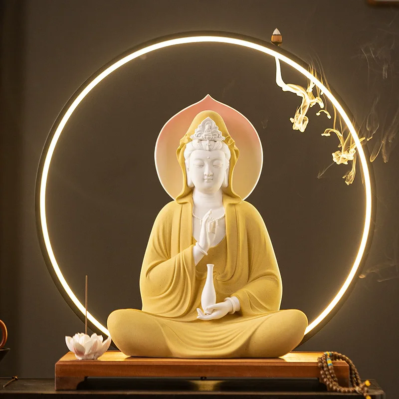 Free Pose Guan Yin Buddha Statue, White Ceramic Sitting Bodhisattva Sculpture, Serene Goddess of Mercy for Zen Home Temple Decor