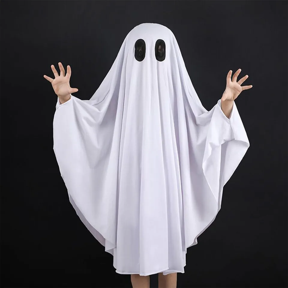 Costume Halloween Per Bambina Ragazza Vestito Da Fantasma Sorridente Con Cappuccio - Bianco, Taglie Da 3 A 12 Anni (95-140cm)