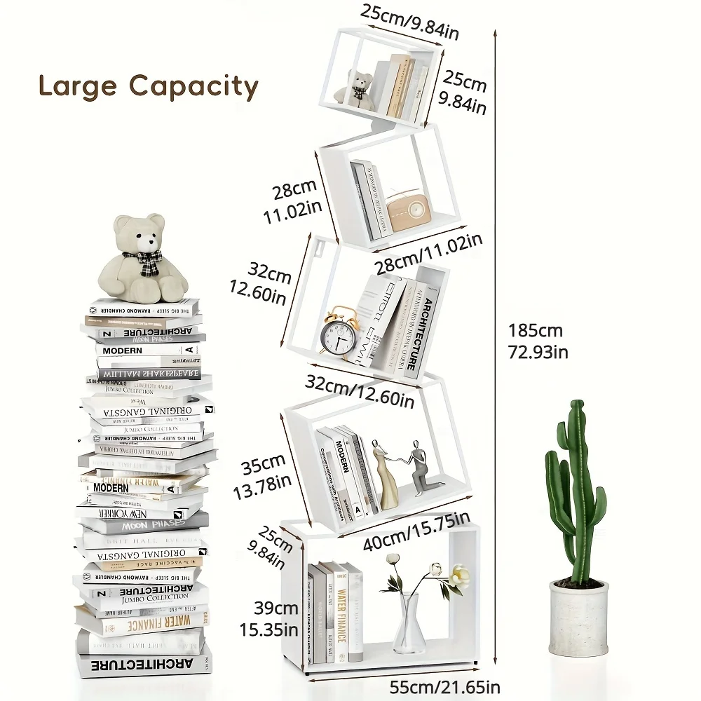 Modern 5-Tier Bookshelf White Metal Bookshelf 73 Inch High Book Rack Home Office Storage Organizer for Books & Supplies