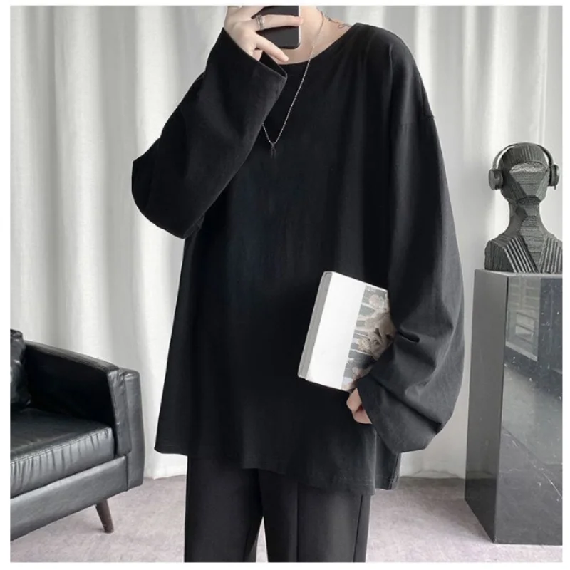 

2023 New Spring and Autumn Fashion Hong Kong Style Korean Edition Loose Casual Trend Oversize Solid Round Neck Underlay T-shirt