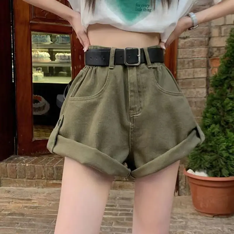 Military Green Cargo Denim Shorts Women's Retro High Waist Slim Shorts
