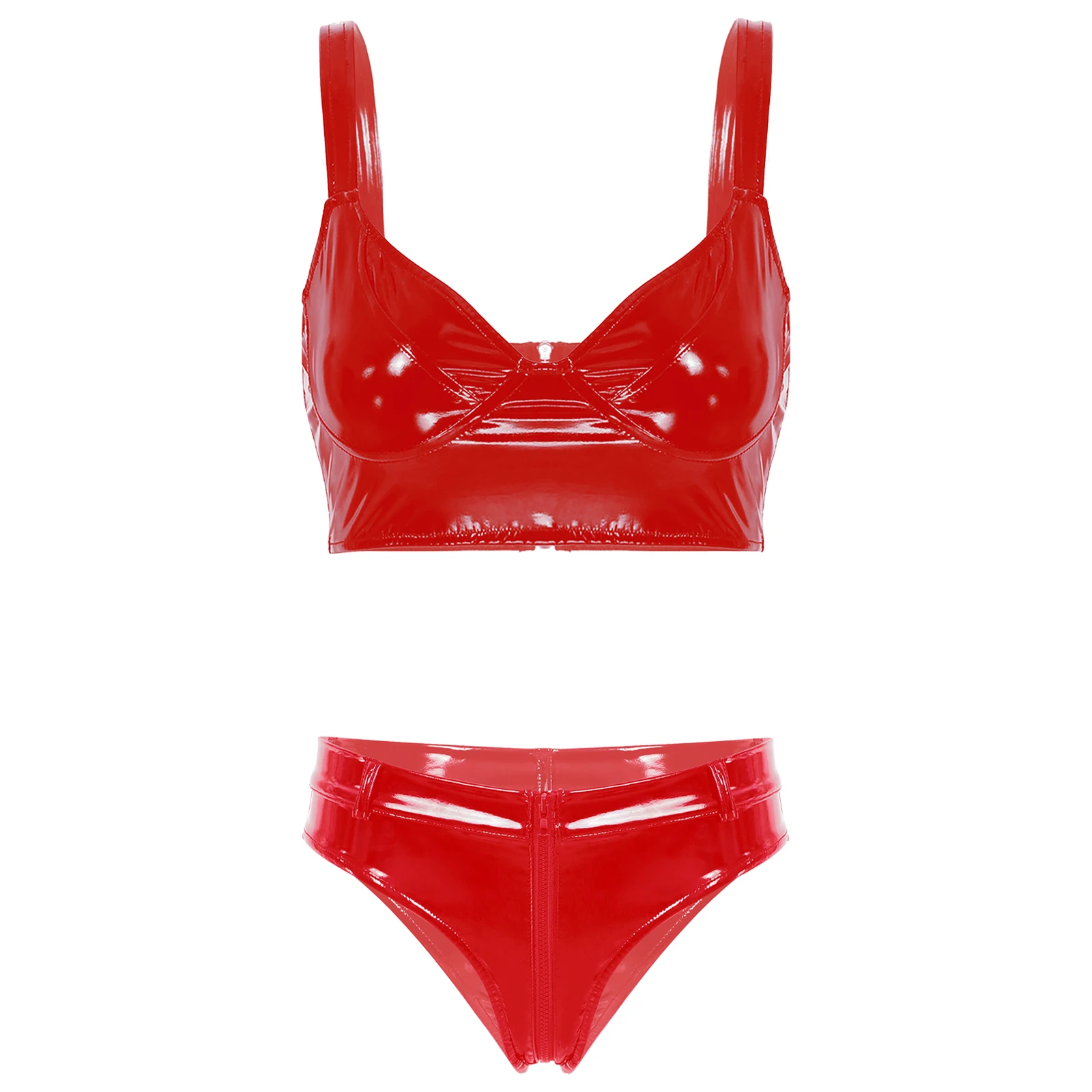 Womens Wet Look Patent Leather Latex Lingerie Bra Set Clubwear Bra Tops Camisole Zipper Crotch Booty Shorts Low Waist Briefs