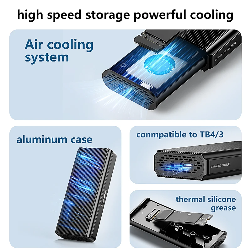 Blueendless 40Gbps M.2 NVMe SSD Enclosure M2 PCIe 4.0 NVME SSD Case M.2 to USB4.0 adaptor Aluminum Docking with Cooling Fan Ssd Enclosure Hard Drive Enclosure