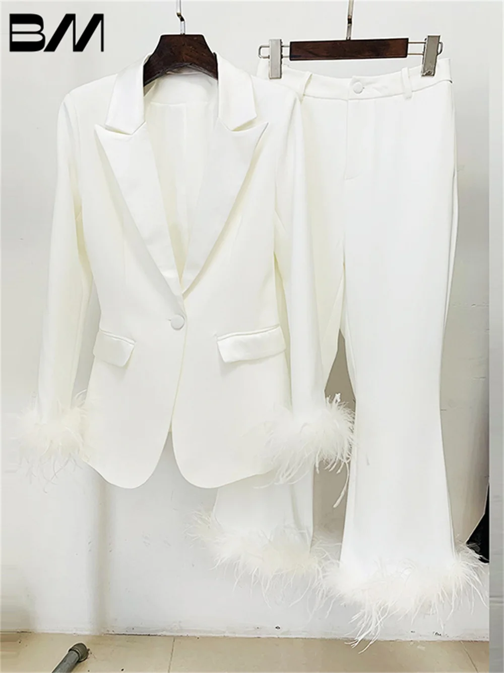 Classic Business Woman Office Wedding Suit, Real Feather Ostrich Feather Suit Jacket, Nine-Quarter Pants Suit Two-Piece Set