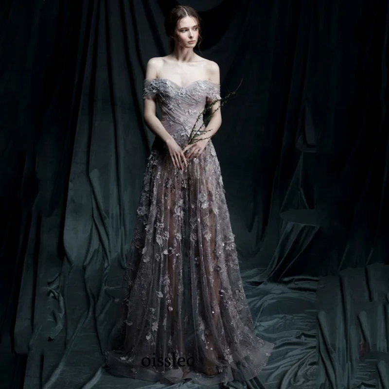 

Oisslec Evening Dress Beading Prom Dress Floral Appliques Fromal Gown A Line Celebrity Dresses Elegance Party Gown Customize