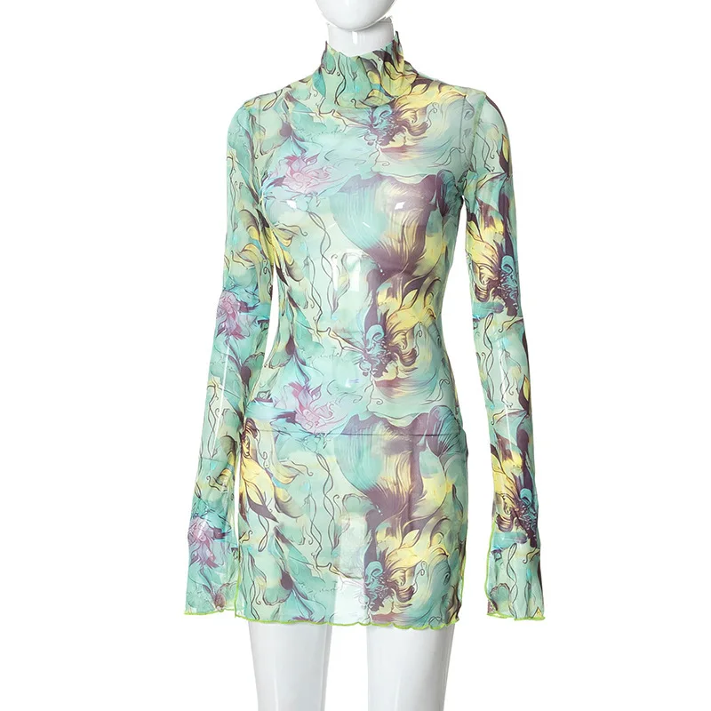 Mesh printed round neck flared sleeve side opening hip hugging dress European American women's summer collection