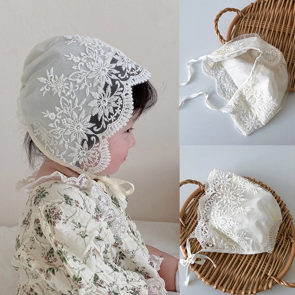 Cute Baby Girl Mesh Sun Hat Lace Flower Baby Hat Lace Embroidered Flower Ruffled Princess Hat Newborn Photography Prop