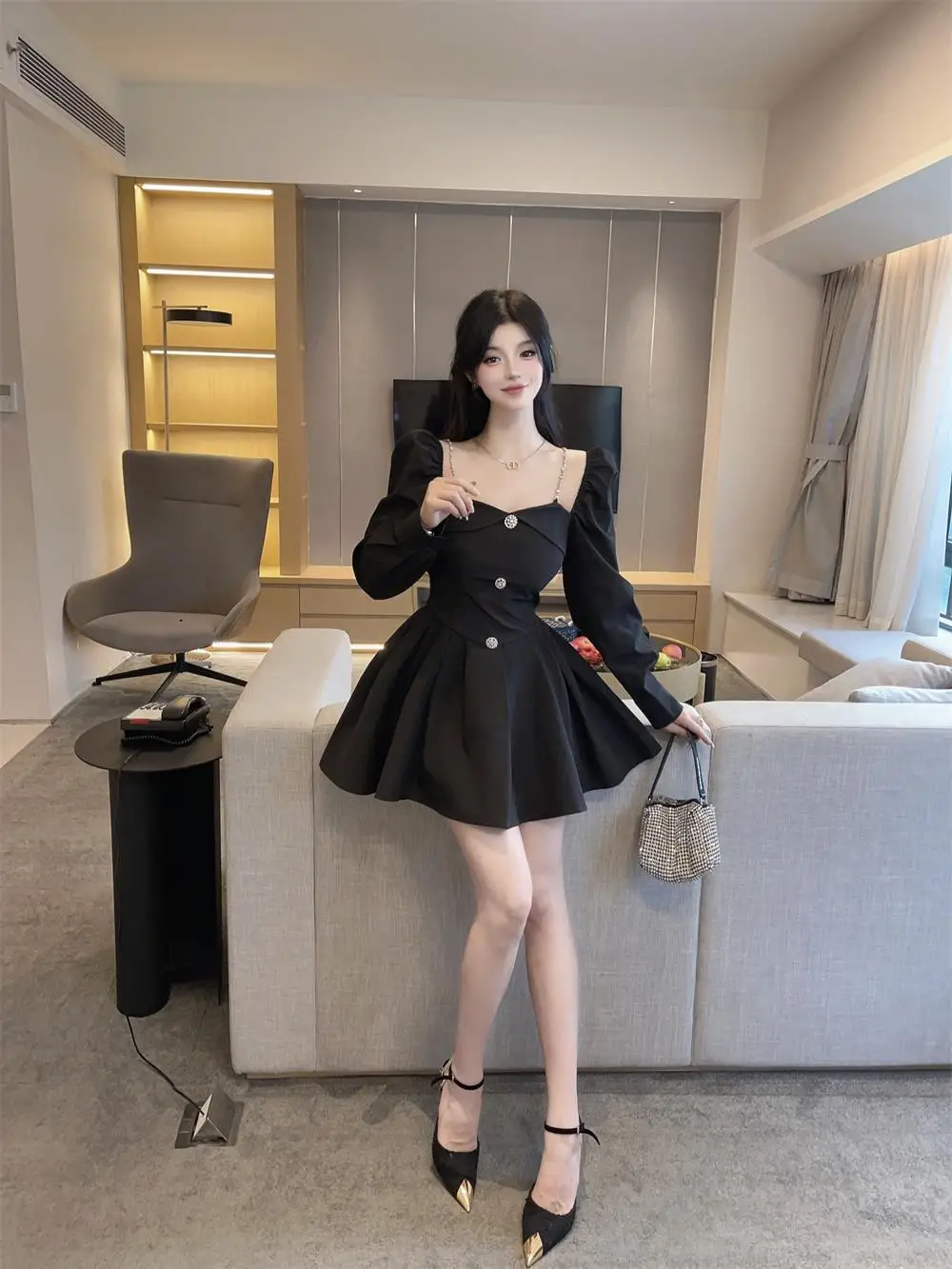 Korean Style Solid Mini Dress Women Long Sleeve Square Collar Spring Fashion High Waist Female Birthday Party Vestidos Mujer