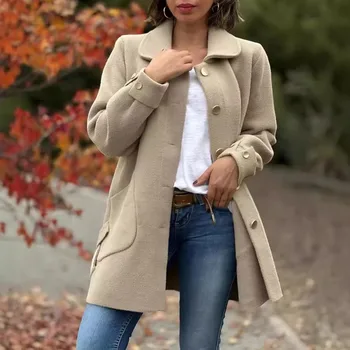 Manteau long en laine mélangée pour femmes, col à revers, couleur unie, manches longues, veste décontractée à nœud, élégant manteau de bureau pour femme.
