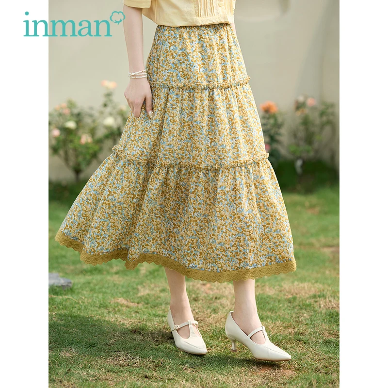 INMAN Women Skirt 2023 Summer Elastic Waist A-shaped Loose Full Flower Print Lace Decoration Vintage Literary Skirt