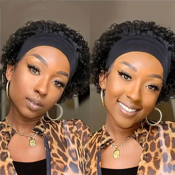 Short Headband Wig Human Hair Wigs Pixie Cut Curly Wig Colored  6 Inches Human Hair Machine Made
