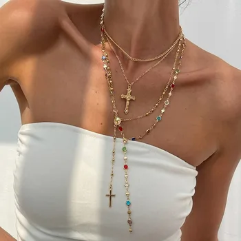 1 Set Luxury Rhinestone Cross Pendant Necklace Set for Women Vintage Simple Colorful Crystal Long Y-shaped Y2K Party Jewelry 1