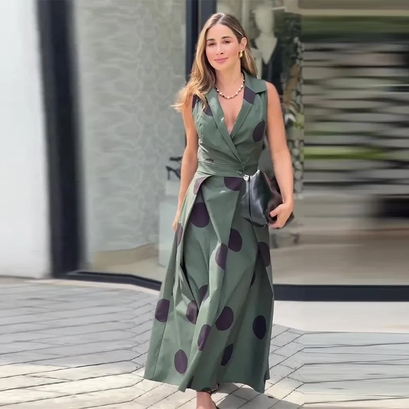 Wmstar Women's 2024 Summer Dresses Elegant Party Solid Color Lapel Fold Long Sleeveless Elegant Dress Wholesale Dropshipping