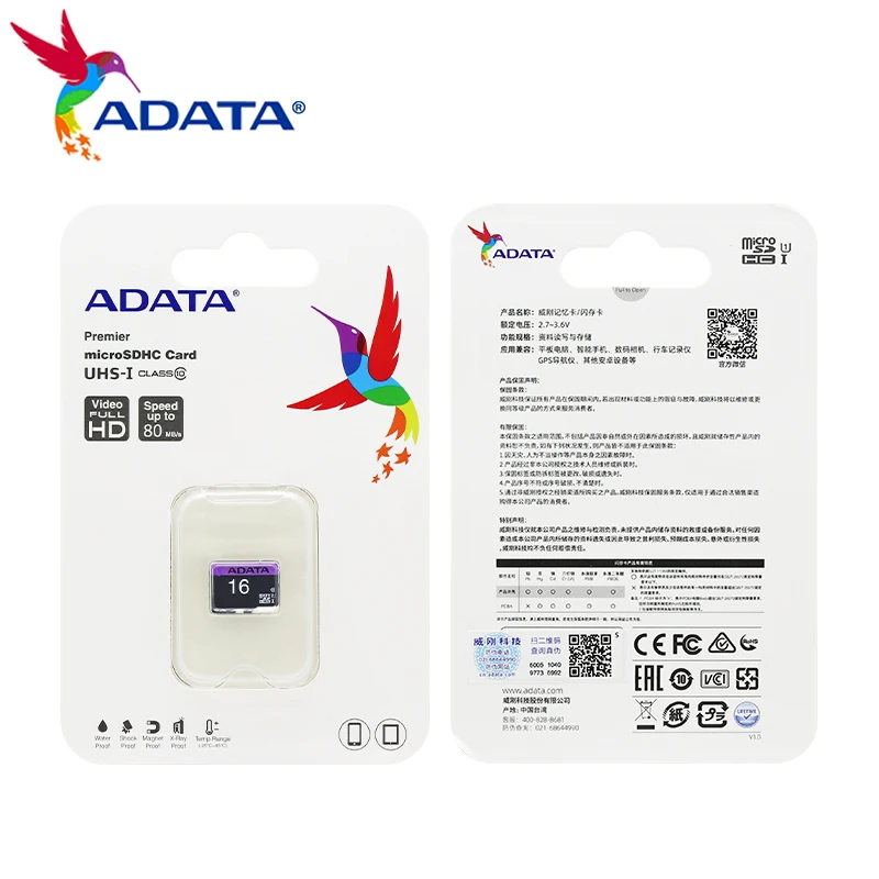 ADATA 메모리 카드, UHS-I 클래스 10 마이크로 SD 카드, 스토리지 TF 카드, 비디오 풀 HD, 16GB 읽기 속도, 최대 80 MB/s, 로트 당 10 개