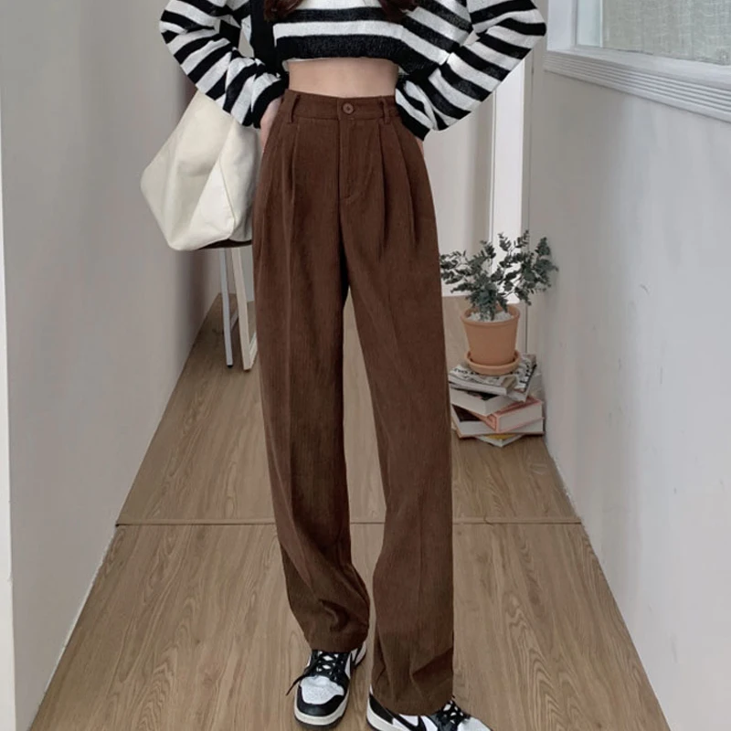 

Vintage Fashion High Waist Straight Trousers Autumn Corduroy Pants Women Casual Solid Color Wide Leg Pants with Pockets 29096