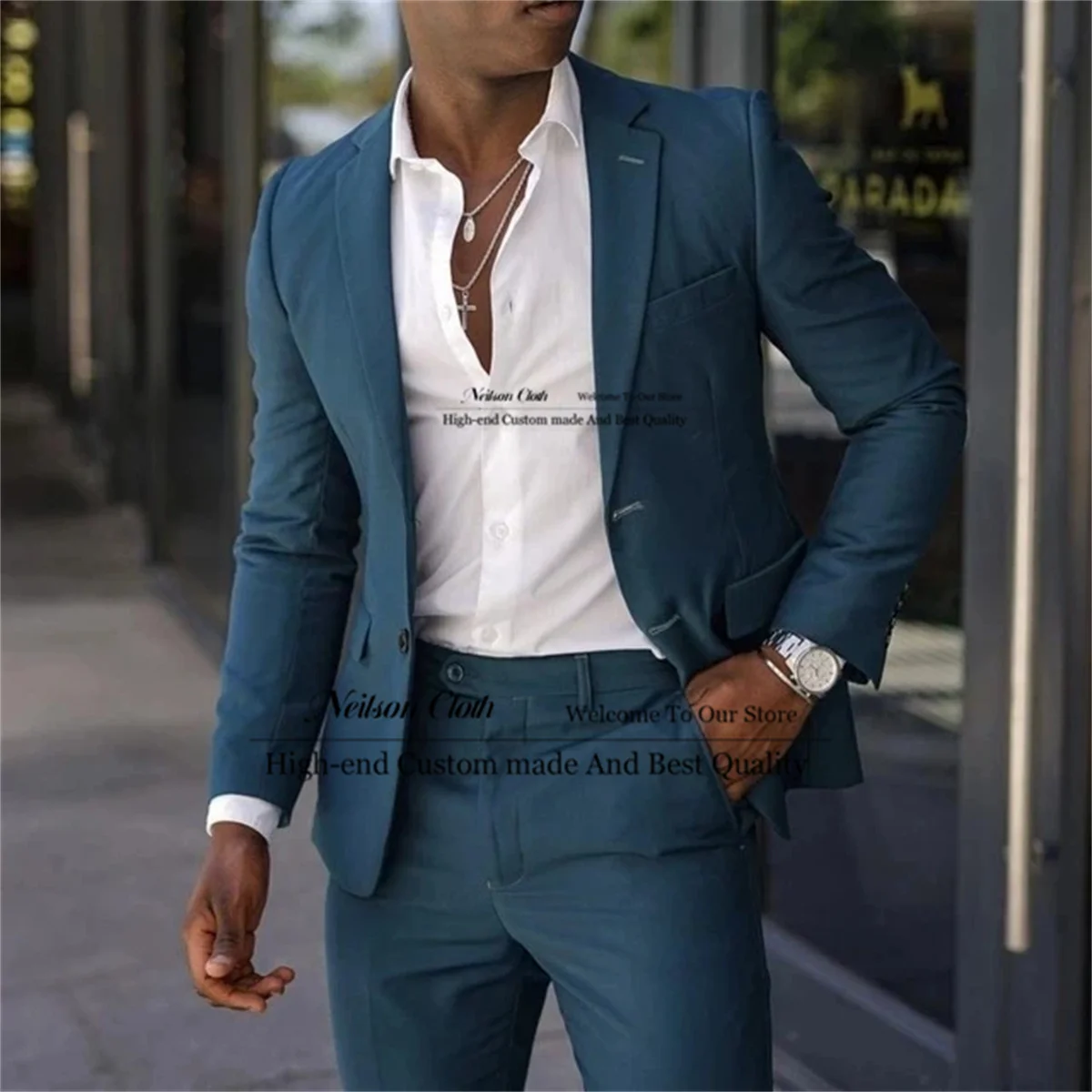 

Fashion Blue Men Suits Notched Lapel Groom Wedding Tuxedos 2 Pieces Sets Male Prom Blazers Groomsmen Slim Fit Terno Masculino