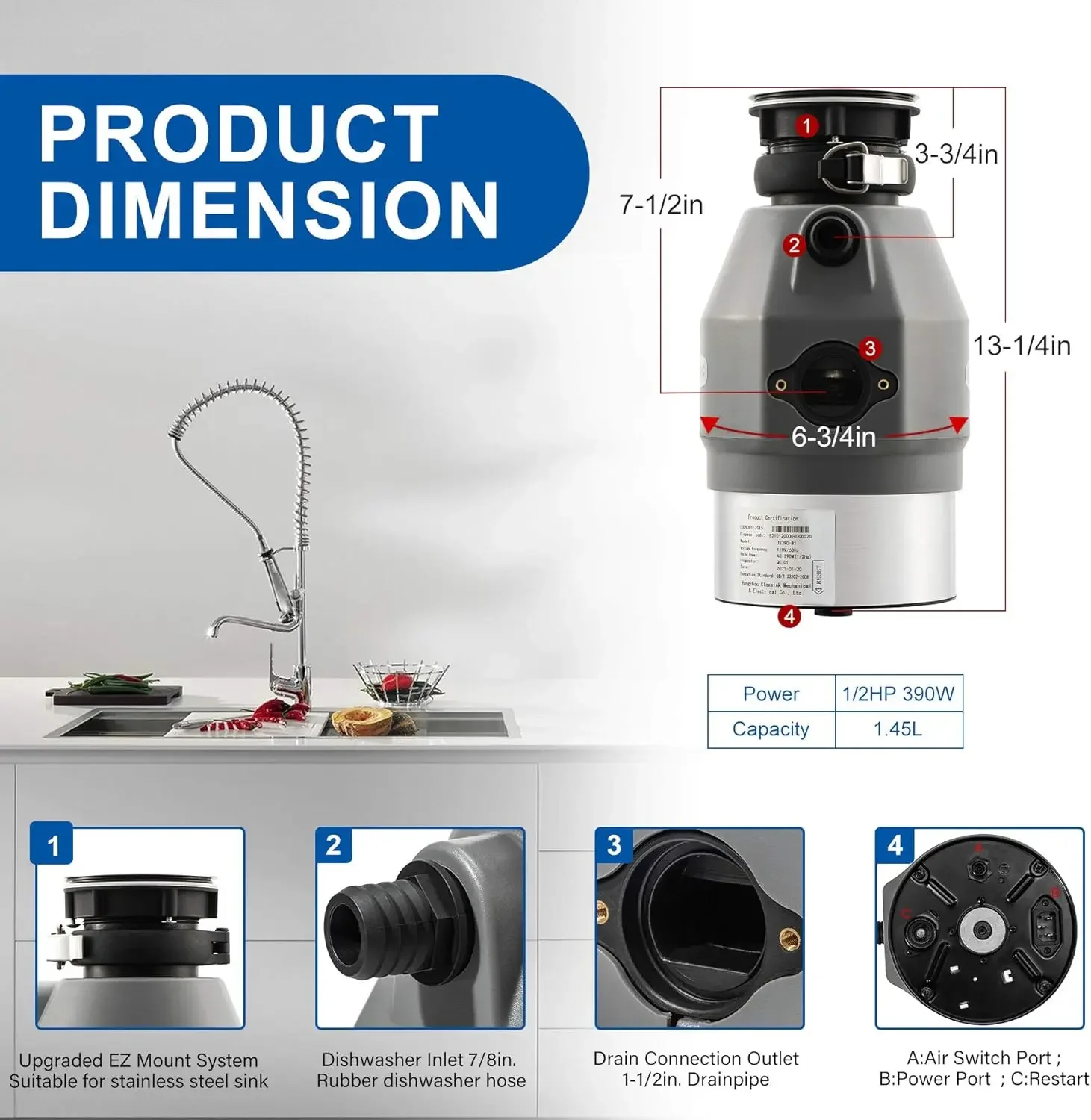 390W Continuous Feed Garbage Disposals with Induction AC Motor Sound Reduction, 1.45L High Effect Grinding Food Waste Disposer, 5