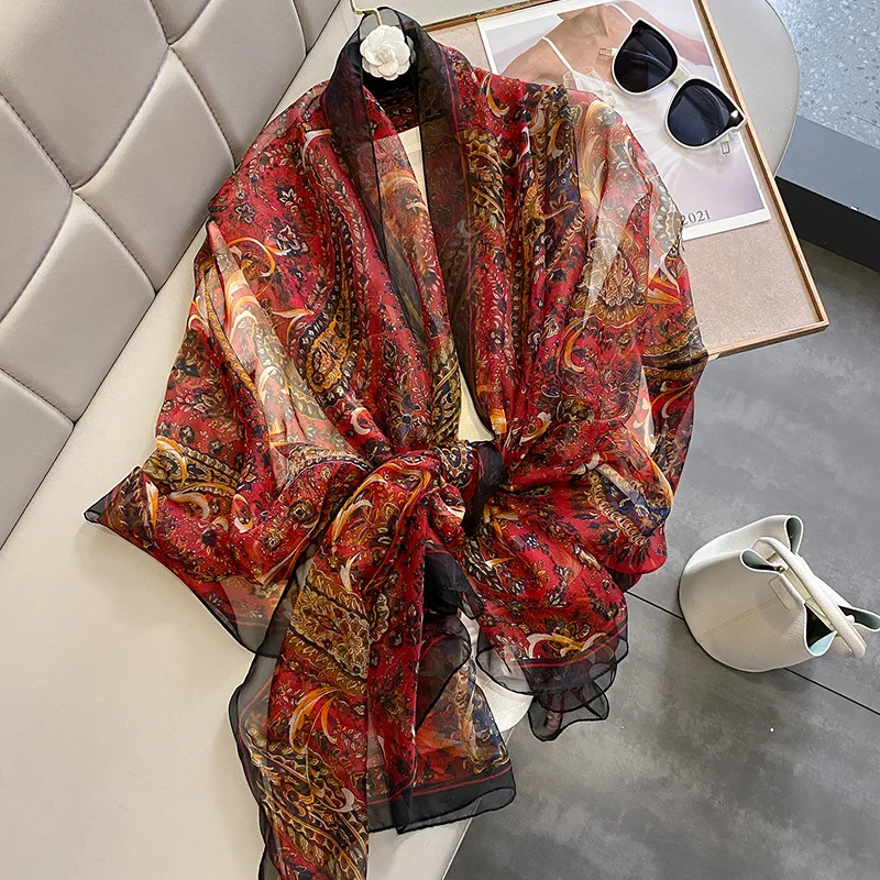 44 Designs Brand Fashion Paisley Floral Silk Chiffon Shawl Scarf Spring Autumn Wraps and Hijabs Beach Pashmina Foulard 190*135Cm