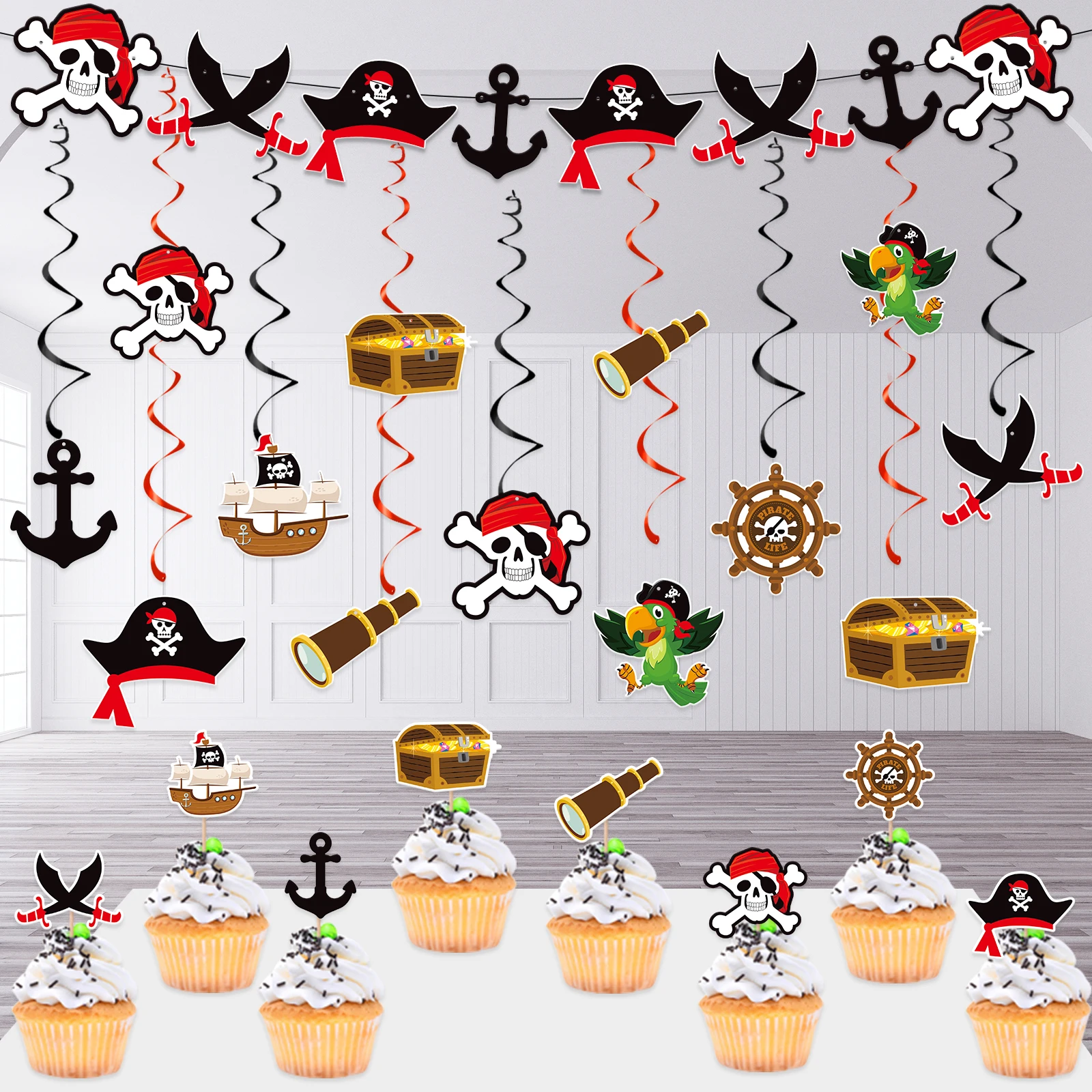 45 Pcs Pirate Party Hanging Swirls Decorations Pirate Themed Streamer Banner Cake,for Birthday Party Supplies