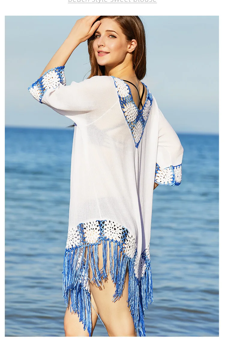 2024 new hand-crocheted fringe lace outdoor cutout hand-woven beach sunblock smock Boho beach skirt women's bikini