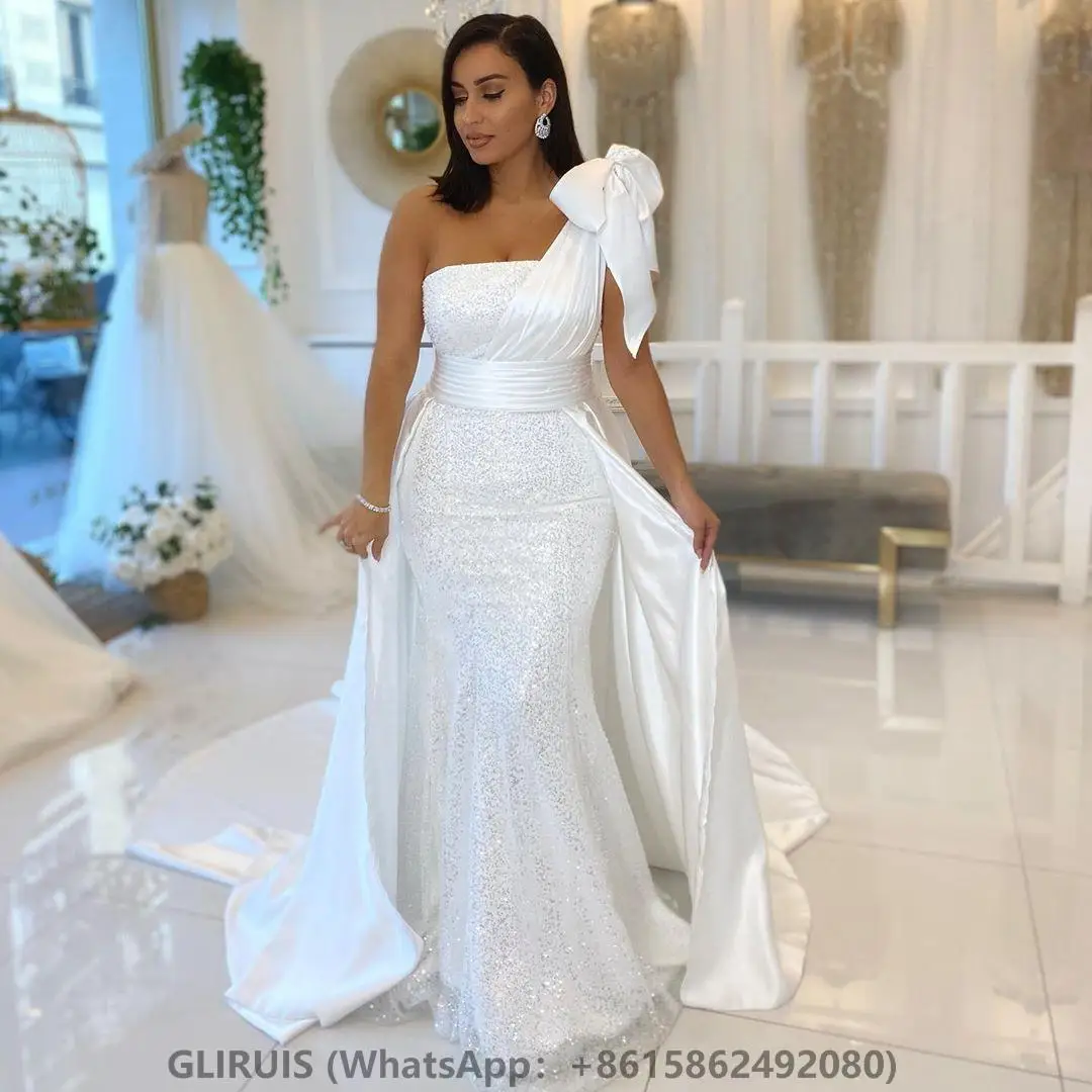 

White Lace Mermaid Wedding Dresses With Bow Satin zipper V-neck Shinny Sequined Overskirt Sexy Bridal Gowns White Ribbons Brides