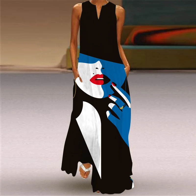 

Blue Dress V-neck Sleeveless Long Skirt Travel photo Stage Catwalk Clothing 2023 Spring and Summer New Plus-size Women's Wear