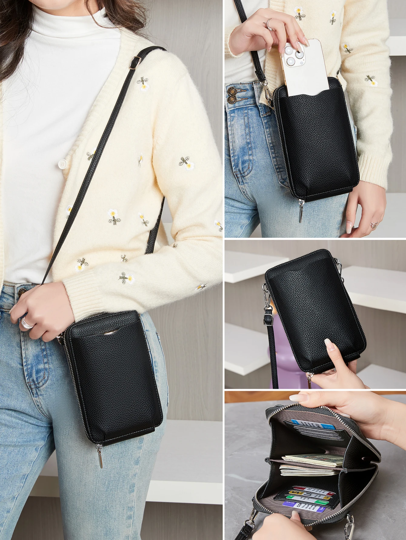 Klassische und minimalistische Damenhandtasche, modische Umhängetasche aus PU-Leder mit großem Fassungsvermögen, einfarbige Umhängetasche mit Reißverschluss und Handytasche